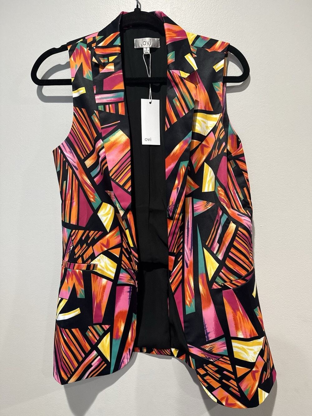 NWT Ovi Open Blazer Vest Abstract Neons Print Sleeveless Small Retro 80's Bold